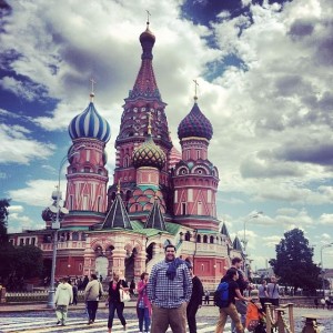 Associate Director of MBA Admissions, Anthony Penna, stops for a quick photo in front of St. Basil's Cathedral in Moscow.